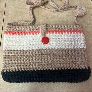 New Handcrafted Crochet Ivory/Taupe/Coral & Navy Crossbody Shoulder Tote Bag